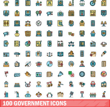 100 government icons set. Color line set of government vector icons thin line color flat on white