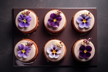 sample photo composition of cupcakes decorated with edible flowers for photo studio. Artistic Pansy-Topped Chocolate Tarts