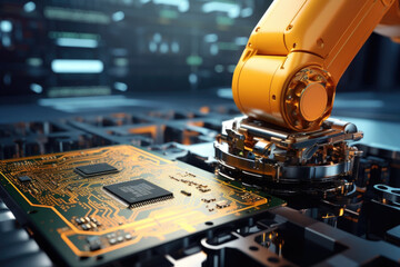 Automated robot arm assembling processor on circuit board. AI Automated robotics factory of electronic industry  - obrazy, fototapety, plakaty