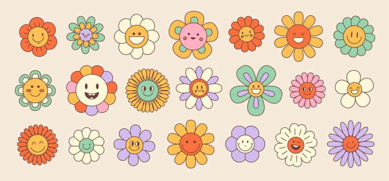 Retro groovy hippie daisy sunflower flower characters set. Isolated vector cute happy chamomile bloom faces with vibrant joyous smile, floral reminiscent of 70s, spreading joy with cheerful presence
