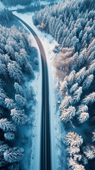 Aerial view of an asphalt road passing through a snowy forest. Winter travel concept. Generative AI