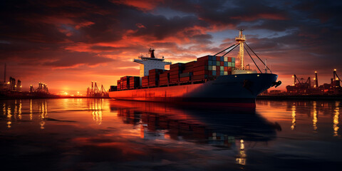 sunset at the port,  import export commerce business trade logistic, Portrait of cargo ship with containers sunset ,  Generative AI