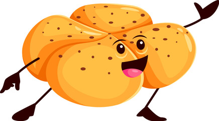 Cartoon funny bread and bakery character. Isolated vector sizzling, golden-brown hot cross bun personage with a mischievous smile, playful eyes and raisin peek out, tempting with warm deliciousness