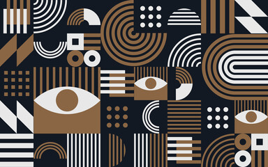 Golden, black and white modern abstract geometric Bauhaus pattern, vector background. Minimal simple mosaic shape round lines, square cubes and geometric stripes in vintage colors of Bauhaus pattern