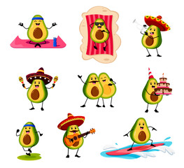 Cartoon funny mexican avocado characters. Vector set of meditating personage on yoga, relaxing on beach, wear sombrero, play maracas or guitar, celebrate birthday, riding surf board, jogging