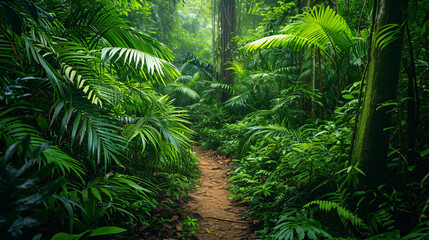 A lush rainforest with a small footpath showcasing rich biodiversity.