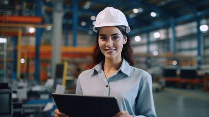 Fototapeta na wymiar Close up smiling face of engineer manager leader woman wearing helmet holding laptop looking at camera at manufacturing factory.