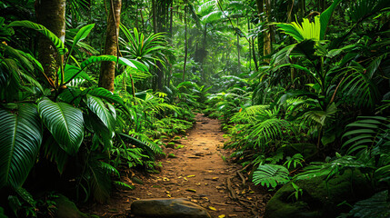 A lush rainforest with a small footpath showcasing rich biodiversity.