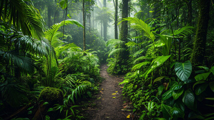 A lush rainforest with a small footpath showcasing rich biodiversity. - obrazy, fototapety, plakaty