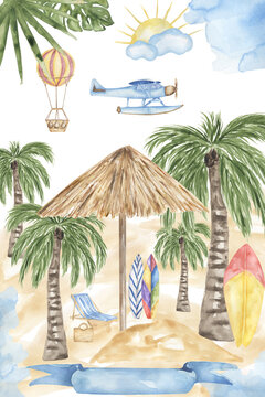 Travel watercolor composition with airplane,  air balloon, beach postcard, tropical eucalyptus leaves illustration, Transport clipart