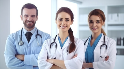 Team of smiling doctors looking at camera with arms crossed in medical office.