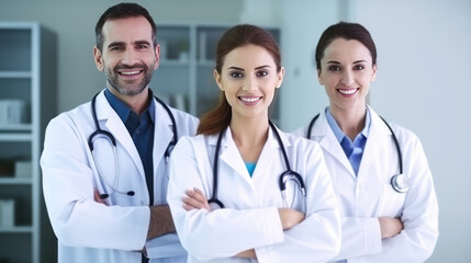 Fototapeta premium Team of smiling doctors looking at camera with arms crossed in medical office.