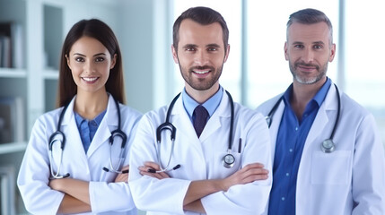 Fototapeta premium Team of smiling doctors looking at camera with arms crossed in medical office.