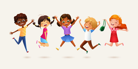 Cartoon children jumping, school boy and girl pupil characters leap with boundless happiness. Vector multiracial carefree gleeful kids joyfully laughter creating a vibrant scene of pure, unbridled joy - obrazy, fototapety, plakaty