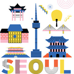 Typography word Seoul branding technology concept. Collection of flat vector web memphis and Bauhaus elements. South Korean culture travel set, famous architecture, landmark. Abstract geometric poster