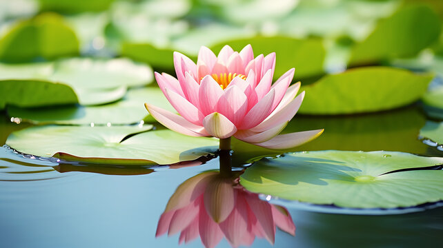 a pink lotus flower with green leaves in water