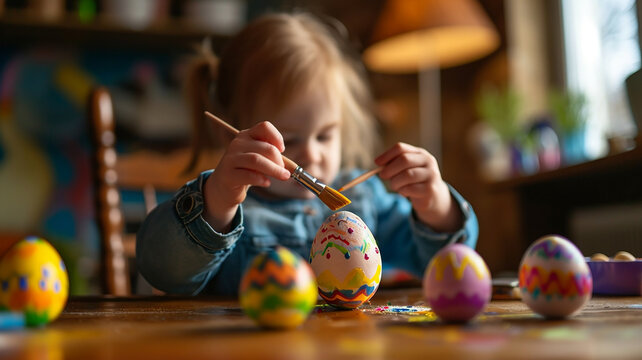 A cute little child paints an Easter egg with a brush and paints in a cozy home environment