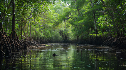 A mangrove forest with rich diverse aquatic and bird life.