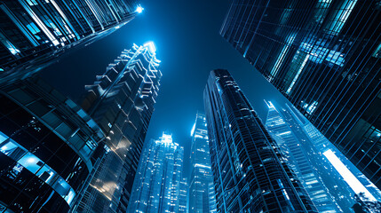 A modern cityscape with futuristic architecture at night.