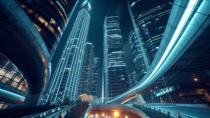 A modern cityscape with futuristic architecture at night.