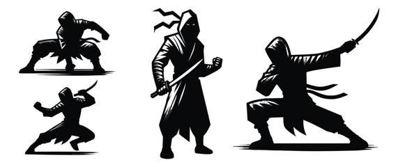 logo set of ninja silhouette illustrations on isolated background © Jawada07
