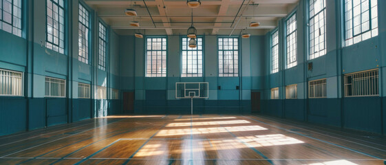 Public school, interior wide gym. Empty sports court
