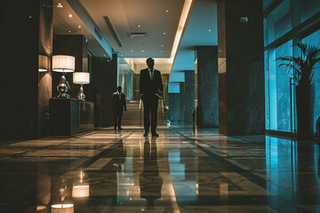 hotel security staff at work, maintaining a safe and secure environment for guests, emphasizing professionalism and vigilance in a minimalistic photo