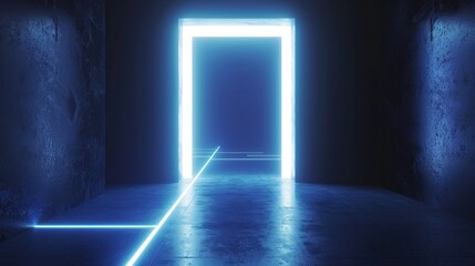 3d render, abstract blue geometric background. Bright light going through the door portal inside the empty dark room   
