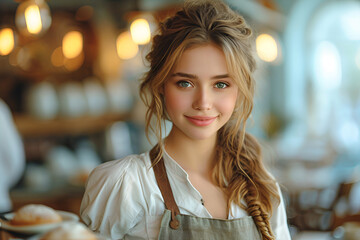 Obraz premium Smiling Female barista making coffee in coffee shop counter. Takeaway food.