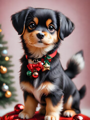 Adorable puppy wearing a cute bow and a stylish tie