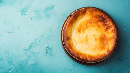 Basque cheesecake on light blue textured colored background, top view, copy space. Golden-brown...