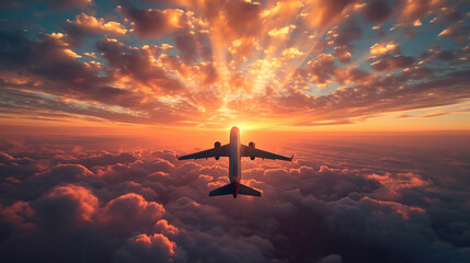 Plane in the sunset sky, aerial view. - obrazy, fototapety, plakaty