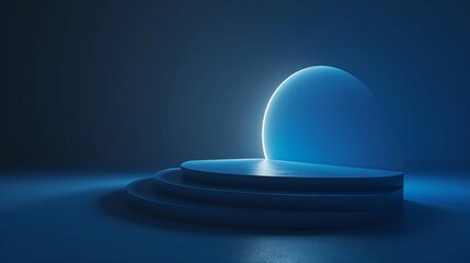 3d render, abstract minimalist blue geometric background. Bright light. Round shape glowing in the dark   
