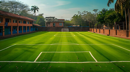 Soccer field with bright green grass in tropical. High quality