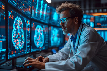 Neuroscientist working on computer hologram of Human Brain , medical concept