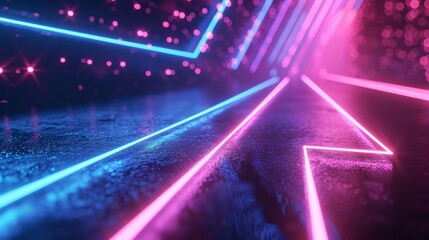 3d render, abstract neon arrow turns right. Speed and technology concept. Glowing pink blue lines and bokeh lights   