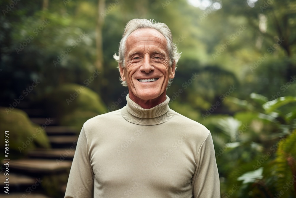 Wall mural Portrait of a grinning man in his 60s wearing a classic turtleneck sweater against a lush tropical rainforest. AI Generation - Wall murals