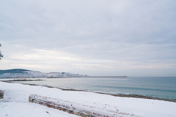 unusual weather on the Adriatic coast, snow on the beach