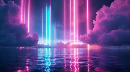 3d render, abstract neon background with cloud, glowing vertical lines and water. Fantastic seascape    - obrazy, fototapety, plakaty