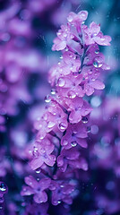 Lilac blooms in rain, water droplets on petals, vintage postcard