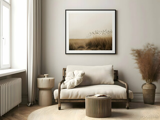 Steppe modern wall print in the style of soft edges in a cozy interior of brown and white colors. High quality