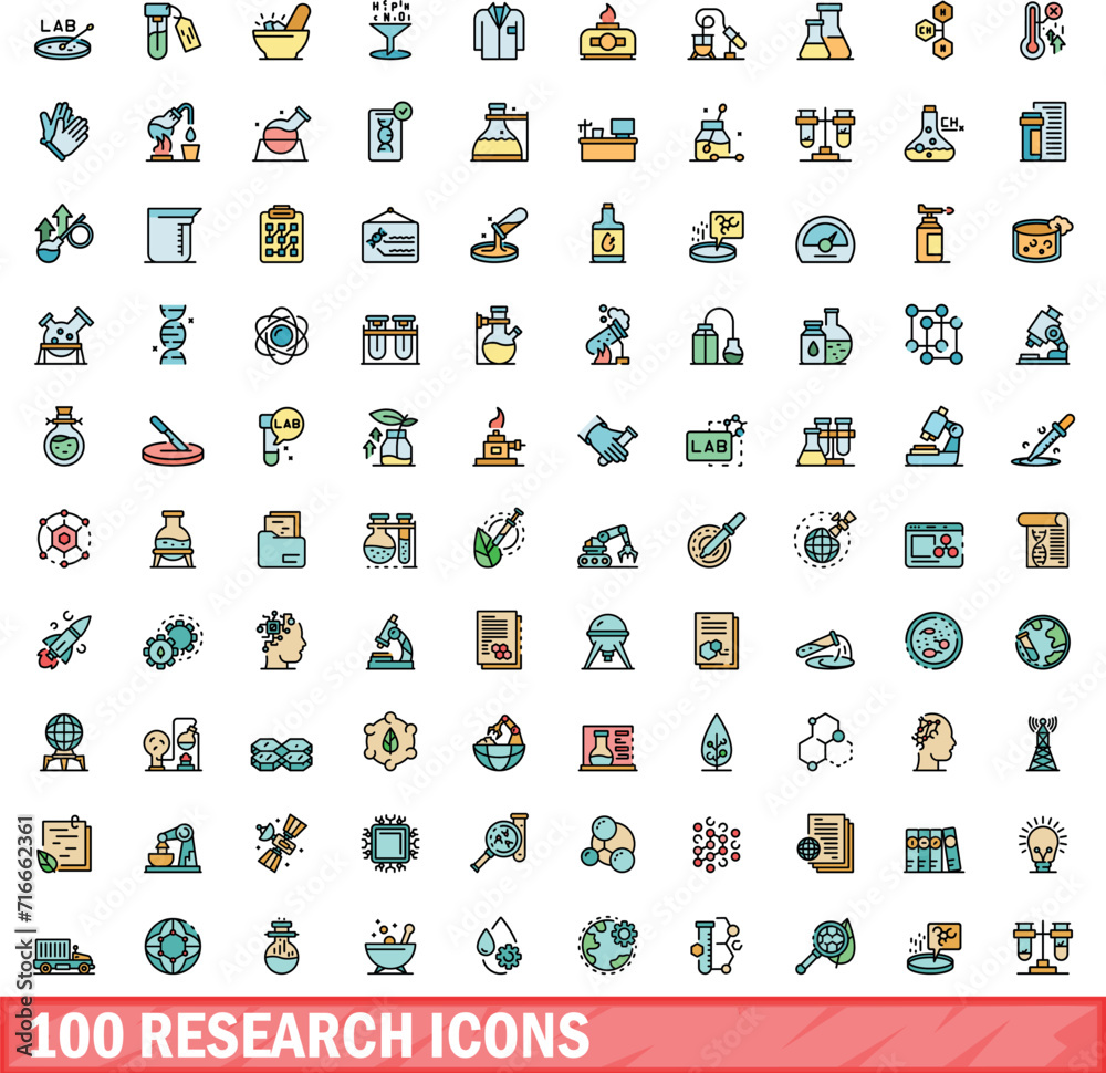 Wall mural 100 research icons set. color line set of research vector icons thin line color flat on white