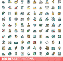 100 research icons set. Color line set of research vector icons thin line color flat on white