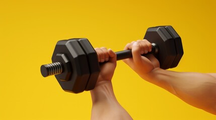 3d render cartoon hand holds black heavy dumbbell, sport motivation clip art isolated on yellow background. Physical activity at home, indoor fitness exercise routine   
