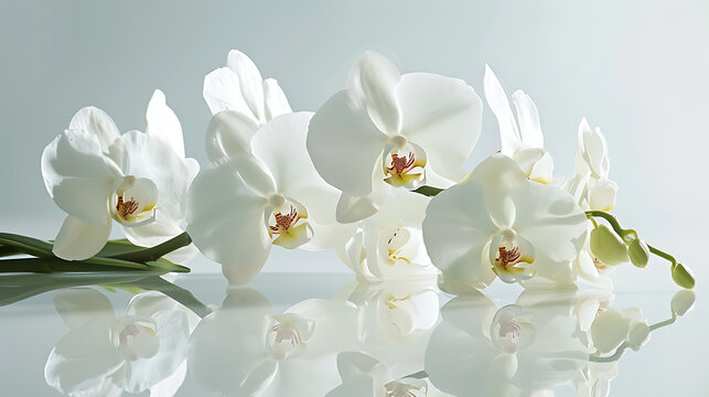 An arrangement of white orchids on a pearl-white surface, highlighting the elegance and sophistication of these exotic blooms