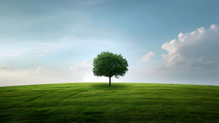 One tree on a wide grass plain with a blue light sky. A beautiful landscape. High-resolution