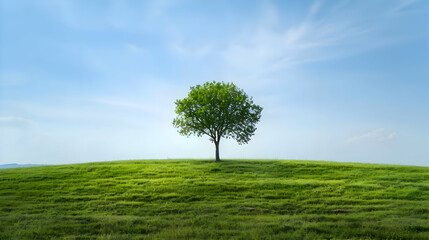 Fototapeta na wymiar One tree on a wide grass plain with a blue light sky. A beautiful landscape. High-resolution