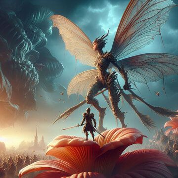 A fantasy creature with wings and a sword surrounded by a pink flower