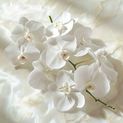 Fototapeta na wymiar An arrangement of white orchids on a pearl-white surface, highlighting the elegance and sophistication of these exotic blooms