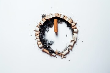 Stop smoking. Burned light hole with ash and smoked cigarettes. Paper Art.